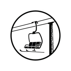 Vector illustration icon black and white illustration of a ski lift chair in a circular frame
