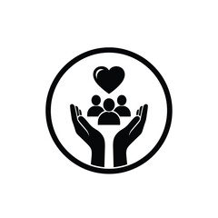 Vector illustration icon black icon of hands holding people and heart symbol on, representing care and support