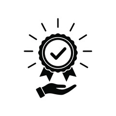 Vector illustration icon black icon of a certificate with checkmark and ribbon