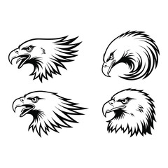 Four different eagle head illustrations in black and white  various angles icon