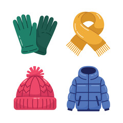 Winter accessory set with green gloves yellow scarf pink knit hat and blue puffer jacket, weather clothing vector for season © BlackVault Designs