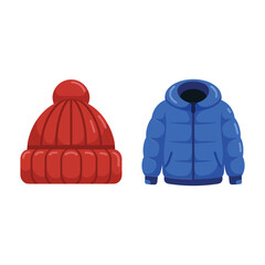 Colorful puffer jacket and beanie collection with red coat, red hat and blue parka, winter fashion vector for clothing store © BlackVault Designs