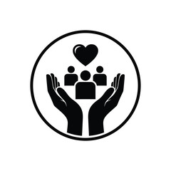 Vector illustration icon black icon of hands holding people and heart symbol in a circle on a isolated