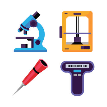 Makerspace lab tools set, microscope, 3D printer, soldering iron, barcode scanner, STEM fair poster, hardware hacking session, prototyping workshop graphics