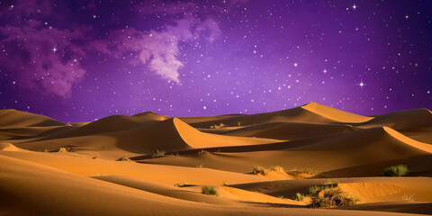 night landscape with desert dunes, starry sky and milky way in desert, abstract background.