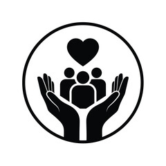Vector illustration icon black icon of people and heart in hands on, symbolizing care and support