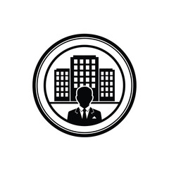 Vector illustration icon black and white icon of a businessman in a circle with buildings