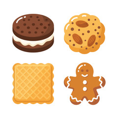 Ice cream sandwich, waffle biscuit and gingerbread cookie icons for Christmas dessert menu, bakery flyer, winter holiday party design