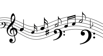 Flowing musical staff with various notes treble and bass clefs a black and white vector illustration for music compositions and design projects