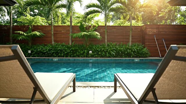 Empty lounge chairs by swimming pool in tropical resort setting