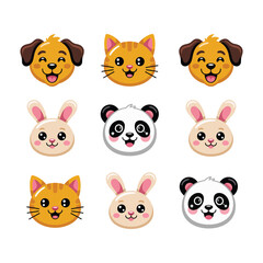Fototapeta premium Animal face icon set with puppies, kittens, bunnies and pandas, cute pet avatars for sticker packs, nursery decor, learning games