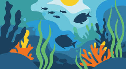 Naklejka premium Vibrant Underwater Scene with Silhouetted Fish and Coral Reefs