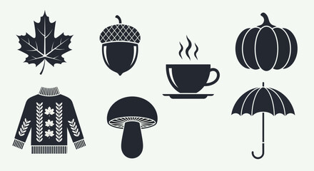 Autumn Icons: Maple Leaf, Acorn, Pumpkin, Sweater, Mug, Mushroom, Umbrella © Anisah