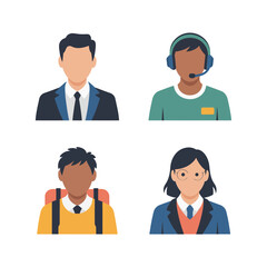 Fototapeta premium Office and education avatar set with manager, call center agent, school boy, school girl for webinar, campus orientation vector design