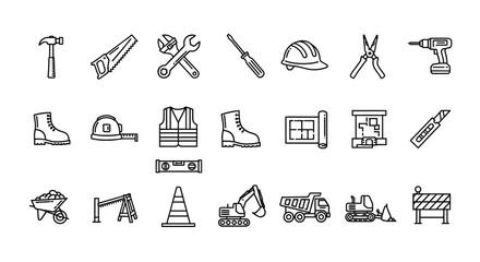 Construction Tools and Equipment Icons Set - Vector Line Art © Anisah