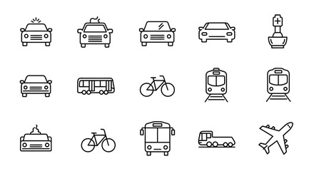 Transportation Icons: Cars, Bus, Train, Bicycle, Airplane, Police Car © Anisah