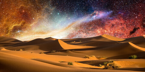 night landscape with desert dunes, starry sky and milky way in desert, abstract background.