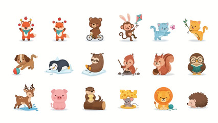 Cute cartoon animals performing various activities, including a fox juggling, a bear riding a bicycle, and a monkey flying a kite. © alesana