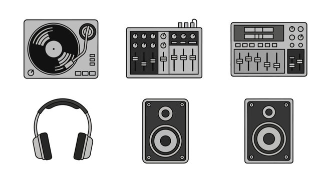 DJ Equipment Icons: Turntable, Mixer, Amp, Speakers, Headphones