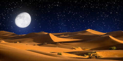 night landscape with desert dunes, starry sky and milky way in desert, abstract background.