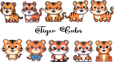 Fototapeta premium Cartoon Tiger Cubs in Various Poses.