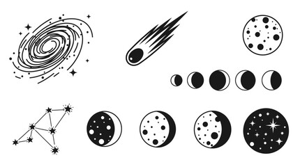 Galaxy, Comet, Moon Phases, Constellation Icons - Space Elements Set © Anisah