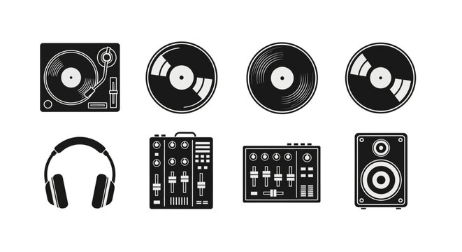 Dj Equipment Icons: Turntable, Vinyl Records, Mixer, Headphones, Speaker