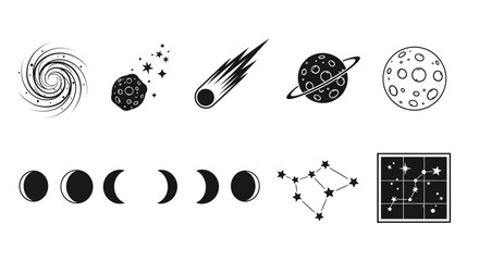 Space Icons Vector: Galaxy, Planets, Moon, Comet, Constellation, Phases © Anisah