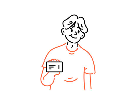 Illustration of a man holding an ID card. Holding a payment or credit card. Showing an ID card for verification and registration. Handsome man. Character with a simple line or doodle style
