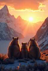 Three bears watching stunning sunset over snowy mountain landscape