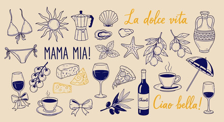 Italian themed icons and phrases on a warm background teydhc © Hussnain