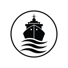 Vector illustration icon black silhouette of a cargo ship sailing on the ocean waves in a circular frame