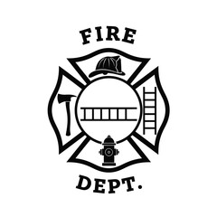 Vector illustration icon fire department emblem with fire helmet, axe, ladder, and hydrant