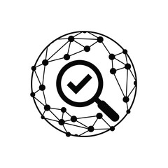 Vector illustration icon black magnifying glass with checkmark inside a network circle