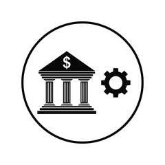 Vector illustration icon black and white icon of a bank building with dollar sign and gear in a circle