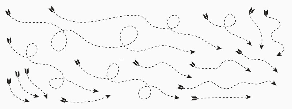 Hand drawn curve dotted line arrow set. curved pointers sign. Sketch curved dashed arrows. signpost showing a confusing complex path. Dashed arrows