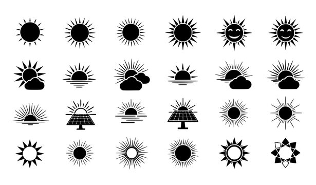 A collection of black and white sun icons and illustrations