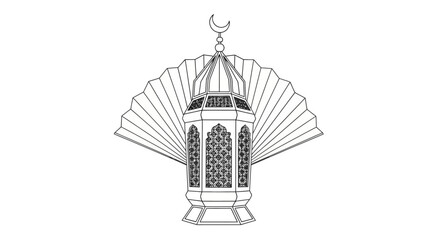 Obraz premium An intricate lantern with crescent moon symbolizing Ramadan, a religious symbol, illustrated in black and white, on a plain white background.