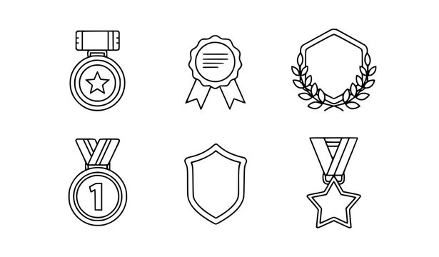 A set of six black and white line art icons representing awards and recognition