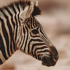 Close-up of a zebra's head displaying its distinctive black and white stripes in a natural setting with soft, blurred background.