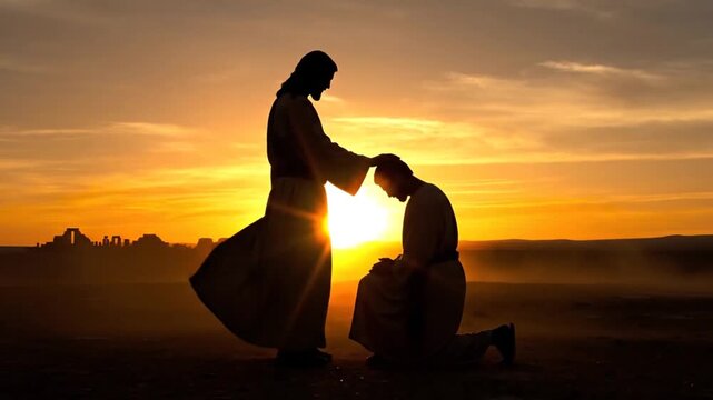 Silhouette of Jesus blessing kneeling man at sunset, cinematic outdoor scene with ancient ruins in background, spiritual moment, holy spirit, blessed, inspiring, hope