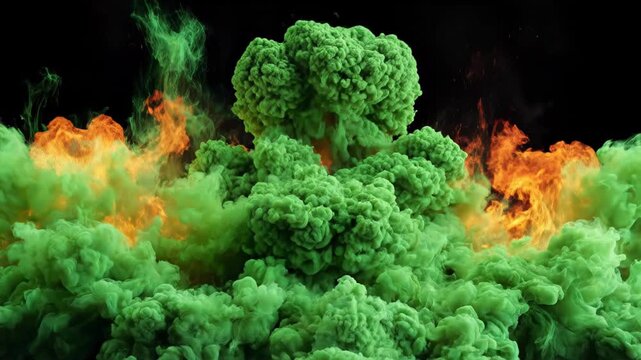 Dynamic Green and Orange Smoke Explosion on Black Background, Abstract Toxic Chemical Ink Swirl