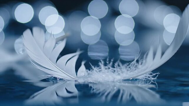 Delicate white feathers floating on reflective surface. Gentle beauty creates serene atmosphere. Soft bokeh lights enhance tranquil mood. Perfect for calming nature scenes.