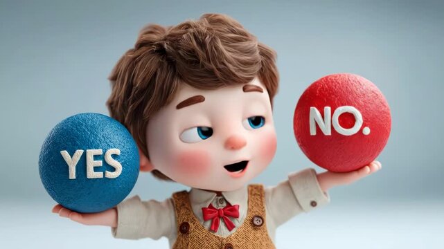 3D Cartoon Boy Holding Yes and No Spheres, Decision Making and Choice Concept for Kids