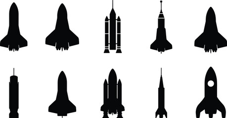 Obraz premium Collection of black rocket and space shuttle silhouettes featuring various spacecraft designs isolated on white background for aerospace engineering, galactic exploration, and astronomy concepts.