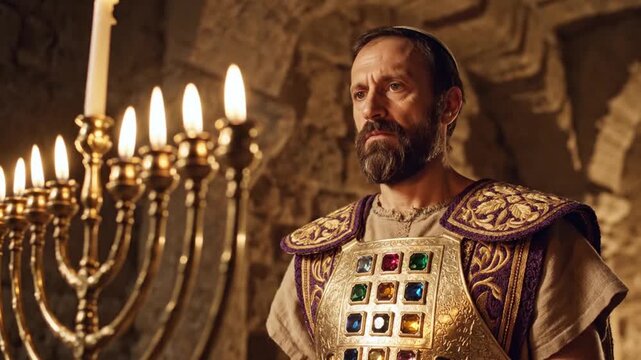 Ancient man in ornate religious garment stands near lit menorah in stone chamber, solemn expression, sacred atmosphere, historical reenactment footage