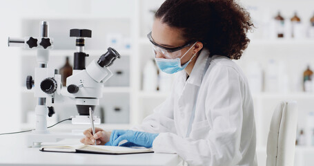 Fototapeta premium Science, notebook or woman in lab with test, info recording or research results in experiment. Medical, notes or scientist with writing, investigation report or study checklist in clinical trial.