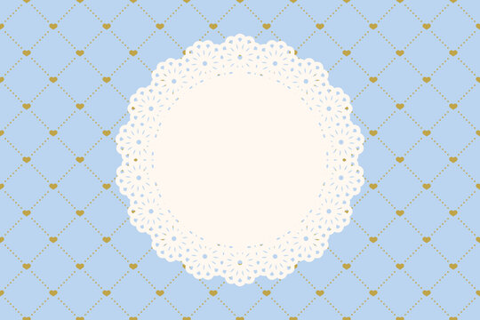 A background illustration (light blue and gold) of a circular lace frame and a quilted-style diamond pattern with hearts. A vector image in the style of a greeting card for weddings, White Day, etc.