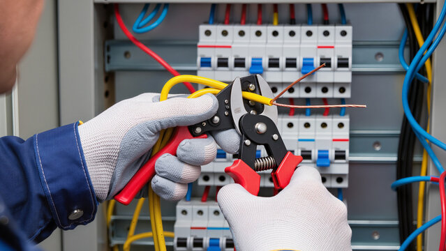 electrician at work, Repairing the system, Following safety rules, Typical industrial work, Performing routine maintenance, Electrician works panel, Wearing safety gloves