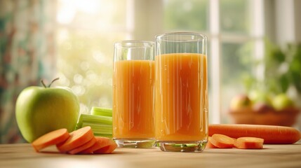 The Glasses of Fresh Orange Juice on a Sunlit Wooden Table with Fruit